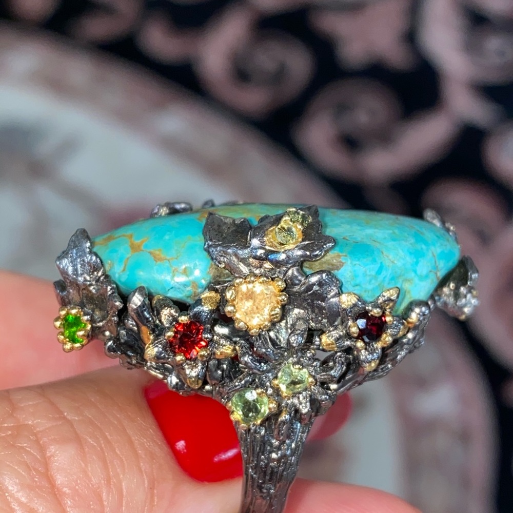 Gorgeous Genuine Turquoise Ring with Gemstones - Picture 7 of 17